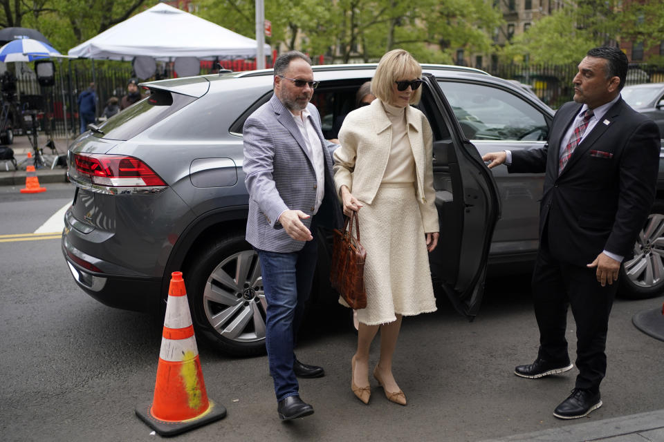 E. Jean Carroll arrives to federal court in New York, Thursday, April 27, 2023. Carroll began testifying Wednesday in the trial of her federal lawsuit. The writer has told a jury that Donald Trump raped her after she accompanied him into a luxury department store fitting room in 1996. (AP Photo/Seth Wenig)