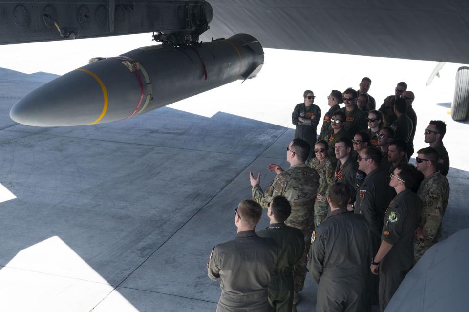 b 52 stratofortress crews from the 23rd expeditionary bomb squadron, minot air force base, north dakota and the 49th test and evaluation squadron, barksdale air force base, louisiana, participated in hypersonic weapon familiarization training at andersen air force base, guam, feb 27, 2024 the department of defense is developing hypersonic science and technology to ensure the us can rapidly transition operational hypersonic systems us air force photo by staff sgt pedro tenorio