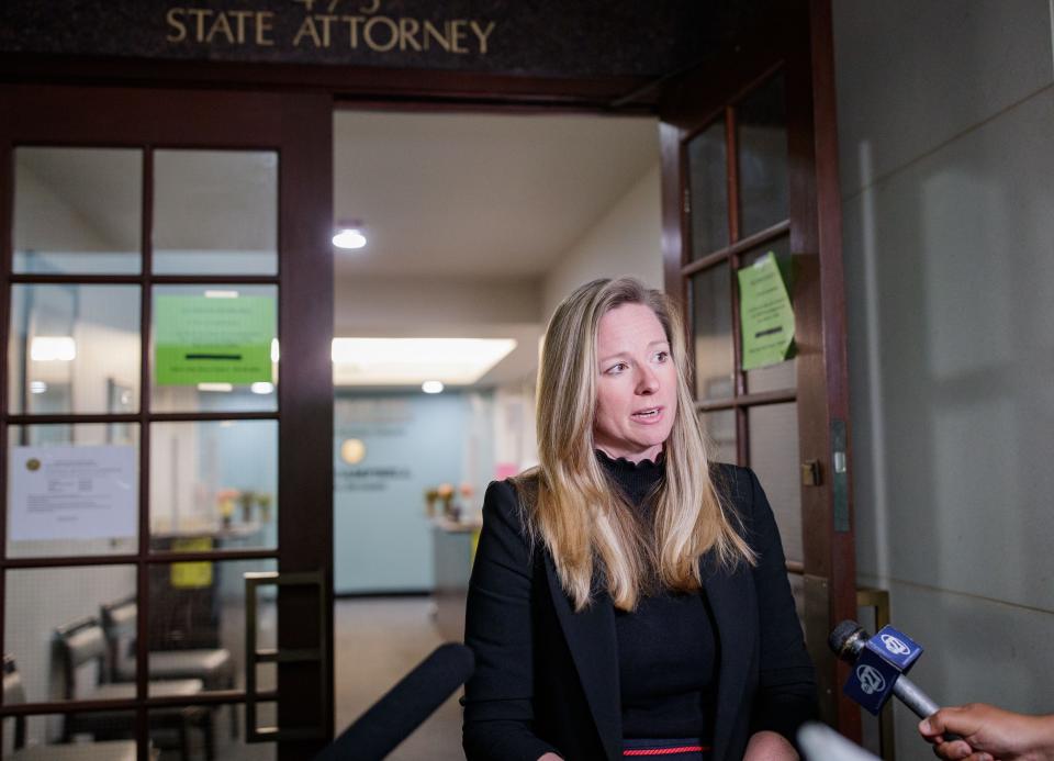 Assistant state attorney Georgia Cappleman answers questions from the media regarding the arrest of Charlie Adelson in connection with the murder of former Florida State University law professor Dan Markel on Thursday, April 21, 2022.