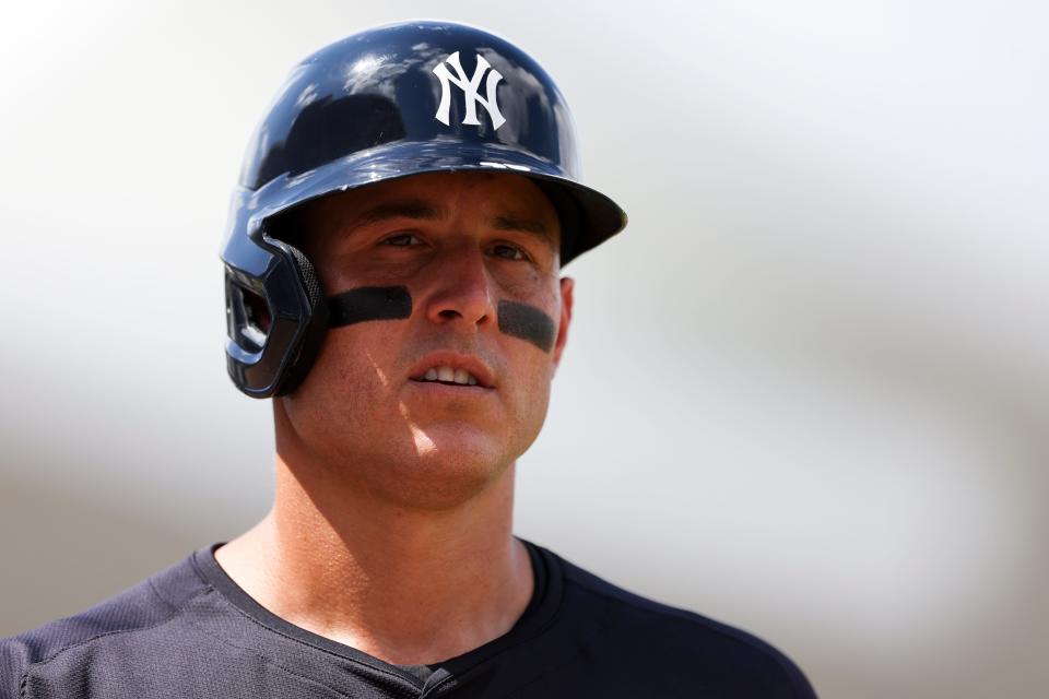 Mar 17, 2024; Fort Myers, Florida, USA; New York Yankees first baseman Anthony Rizzo (48) walks back to the dugout after scoring a run against the Boston Red Sox in the fourth inning at JetBlue Park at Fenway South. Mandatory Credit: Nathan Ray Seebeck-USA TODAY Sports