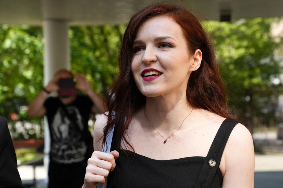 FILE Russian opposition activist Alexei Navalny's spokeswoman Kira Yarmysh arrives at court in Moscow, Russia, Monday, Aug. 16, 2021. Most Russian opposition figures are currently either in prison or in exile abroad. Still, many persist in challenging the Russian authorities, including by speaking out from behind bars. (AP Photo, File)