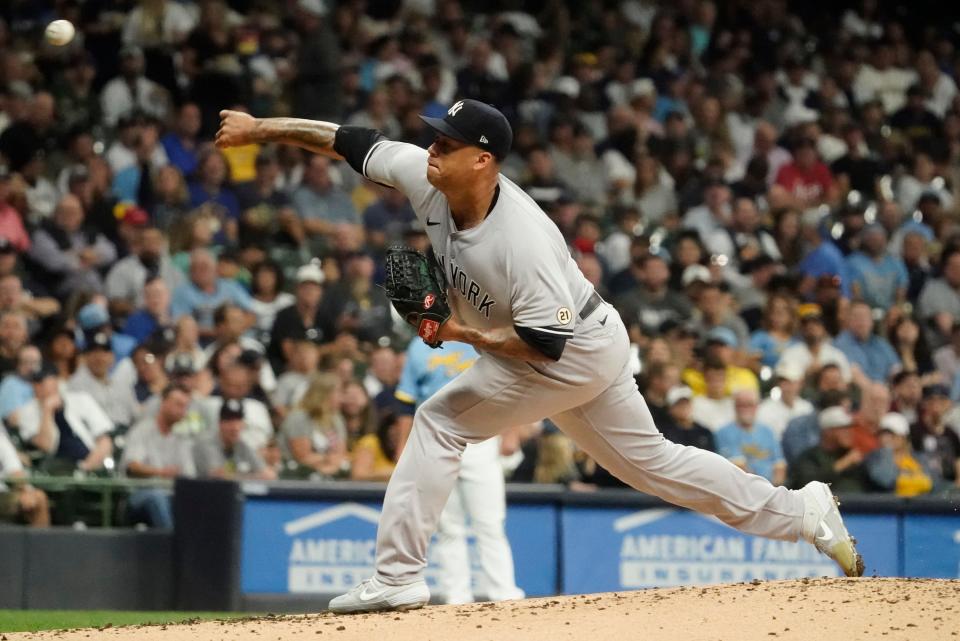 New York Yankees starting pitcher Frankie Montas throws during the first inning of a baseball game against the Milwaukee Brewers Friday, Sept. 16, 2022, in Milwaukee. (AP Photo/Morry Gash)