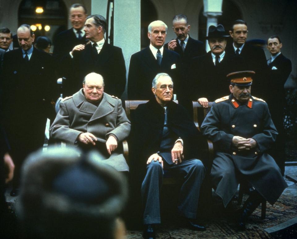 Joseph Stalin, (r) with Winston Churchill and Franklin Delano Roosevelt at Feb 1945 Yalta Conference, would later falsely claim US used biological weapons in Korean War (Getty Images)