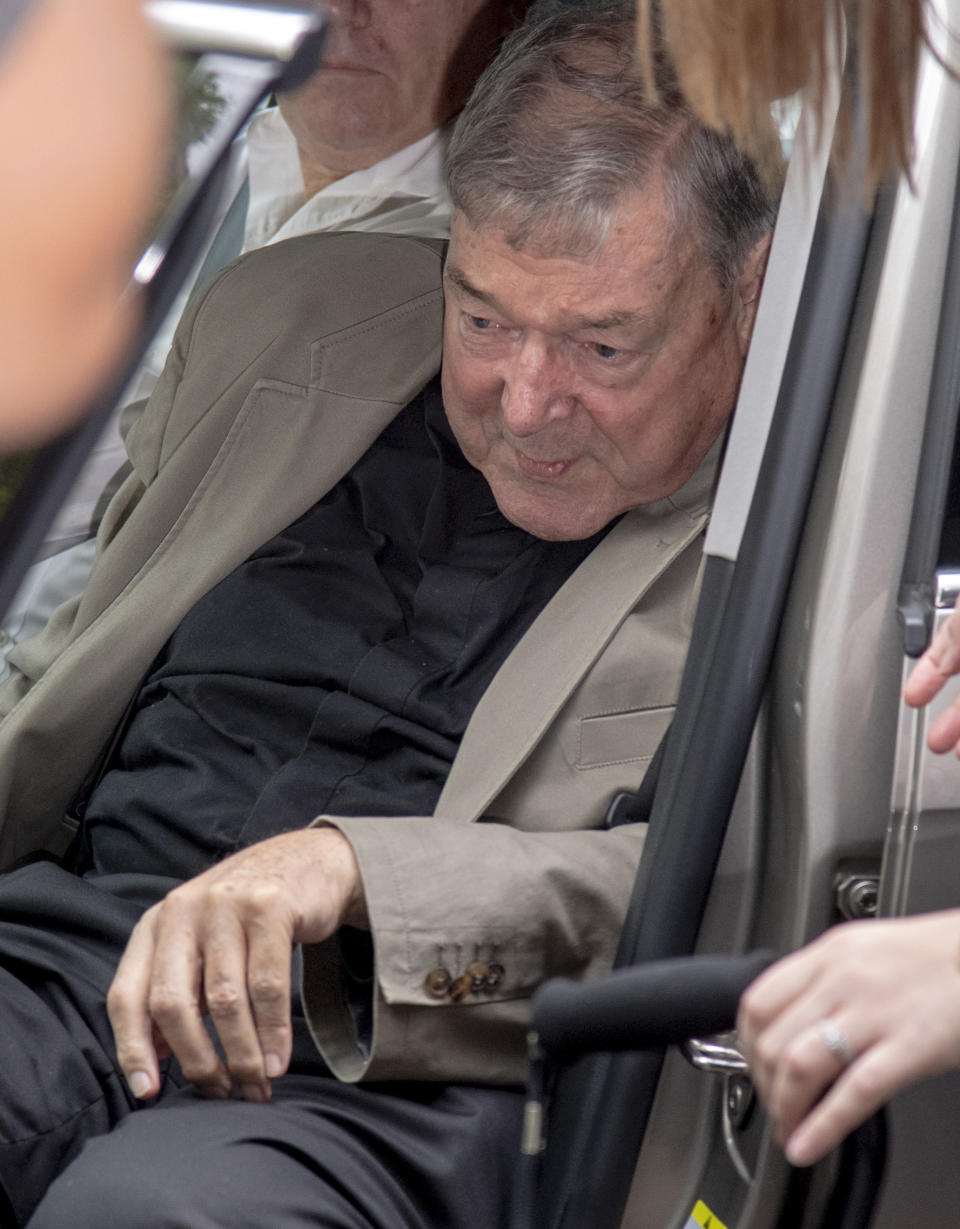 Cardinal George Pell arrives at the County Court in Melbourne, Australia, Tuesday, Feb. 26, 2019. The most senior Catholic cleric ever charged with child sex abuse has been convicted of molesting two choirboys moments after celebrating Mass, dealing a new blow to the Catholic hierarchy's credibility after a year of global revelations of abuse and cover-up. (AP Photo/Andy Brownbill)