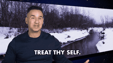 Man in casual attire gesturing, with inspirational text "TREAT THY SELF" over a winter scene backdrop