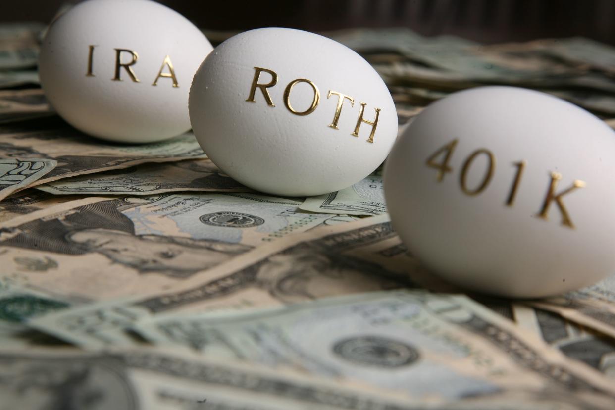 IRA, Roth, and 401k eggs on money