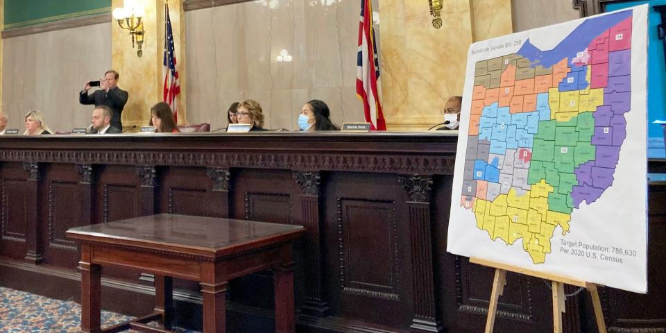 Members of the Ohio Senate Government Oversight Committee hear testimony on a new map of state congressional districts in this file photo from Nov. 16, 2021, at the Ohio Statehouse in Columbus, Ohio