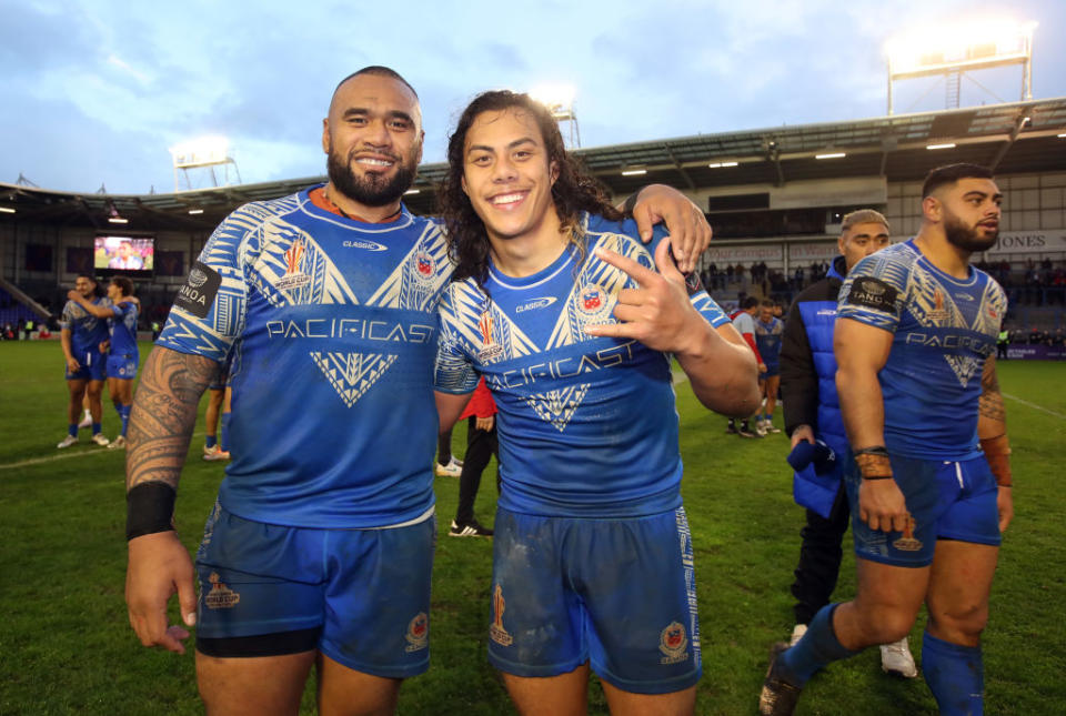 Junior Paulo and Jarome Luai celebrate Samoa's thrilling win over Tonga in the Rugby League World Cup quarter-finals (Jan Kruger/Getty Images for RLWC)