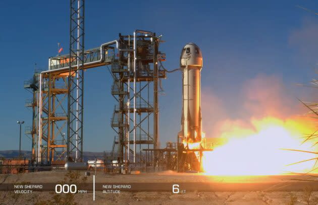 Blue Origin’s New Shepard spaceship blasts off from its West Texas launch pad. (Blue Origin via YouTube)