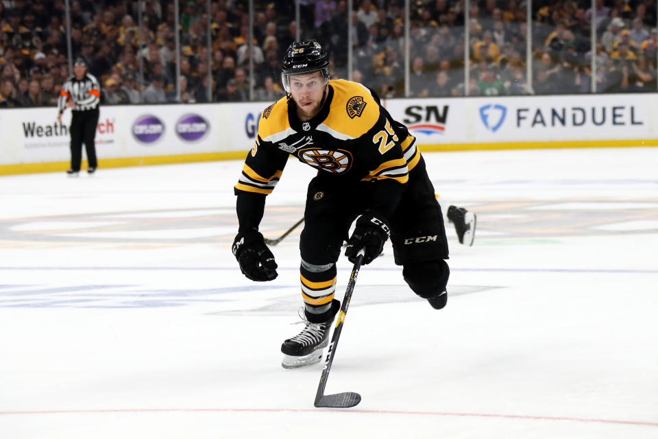 BOSTON, MASSACHUSETTS - MAY 29: Brandon Carlo #25 of the Boston Bruins in action against the St. Louis Blues in Game Two of the 2019 NHL Stanley Cup Final at TD Garden on May 29, 2019 in Boston, Massachusetts. (Photo by Bruce Bennett/Getty Images)