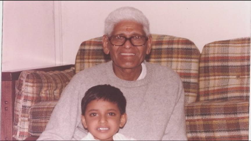 A family photo provided by Rep. Ro Khanna, D-Calif., shows him with with his grandfather, Amarnath Vidyalankar who was an Indian Freedom Fighter for over 15 years.