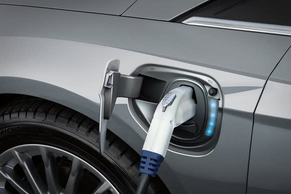 Ford's 2017 Focus Electric plugged in and charging.