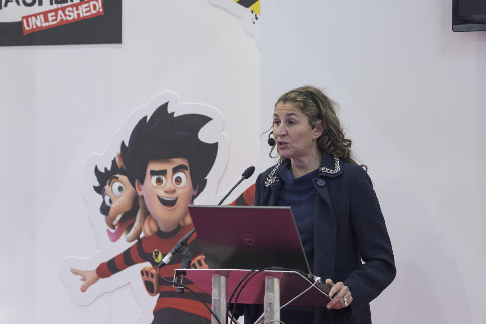 Sofia Fenichell, CEO and Founder of Mrs Wordsmith, giving a seminar about early childhood books during day one of the London Book Fair at Kensington Olympia, London, in 2019. (Photo: Sam Mellish / In Pictures via Getty Images)