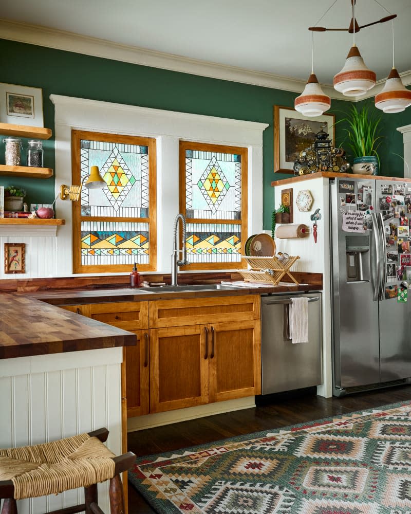 Wooden cabinets in kitchen.