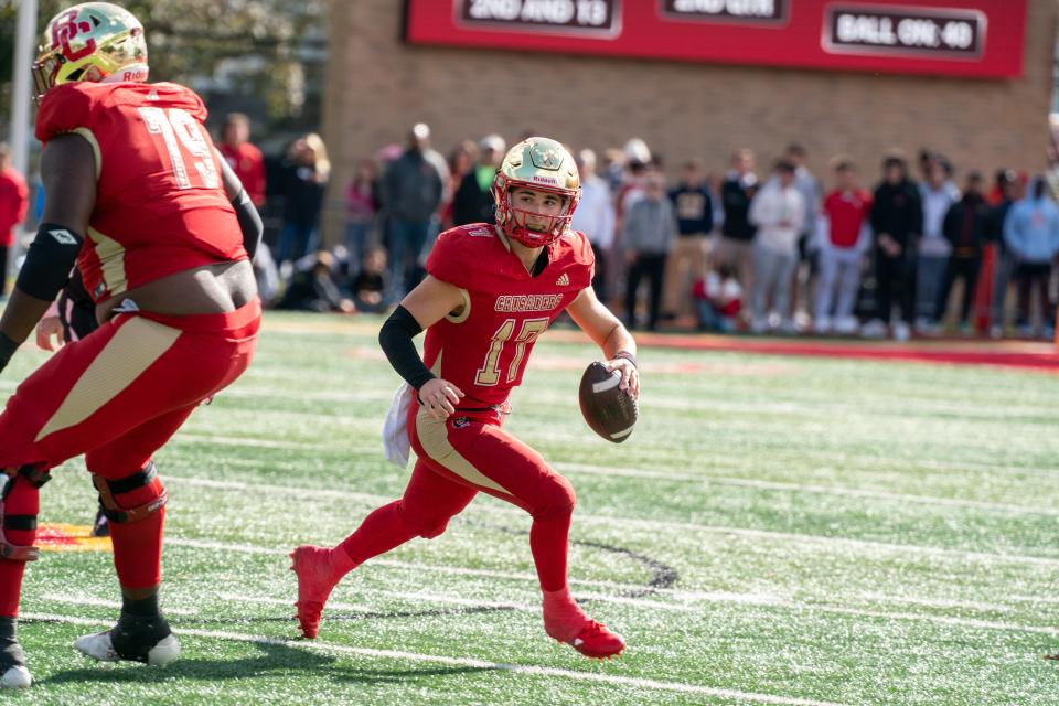 Dominic Campanile (17) of Bergen Catholic scrambles with the football during a football game between Bergen Catholic High School and St. Joseph Regional High School at Bergen Catholic High School in Oradell on Sunday, October 15, 2023.