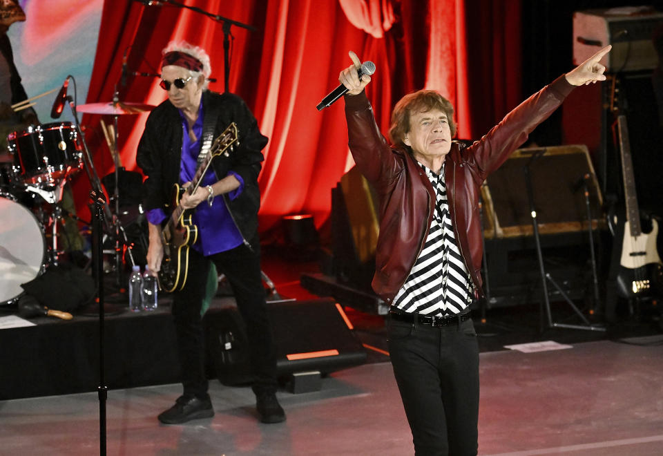 Mick Jagger, right, and Keith Richards of The Rolling Stones perform during a celebration for the release of their new album "Hackney Diamonds" on Thursday, Oct. 19, 2023, in New York. (Photo by Evan Agostini/Invision/AP)