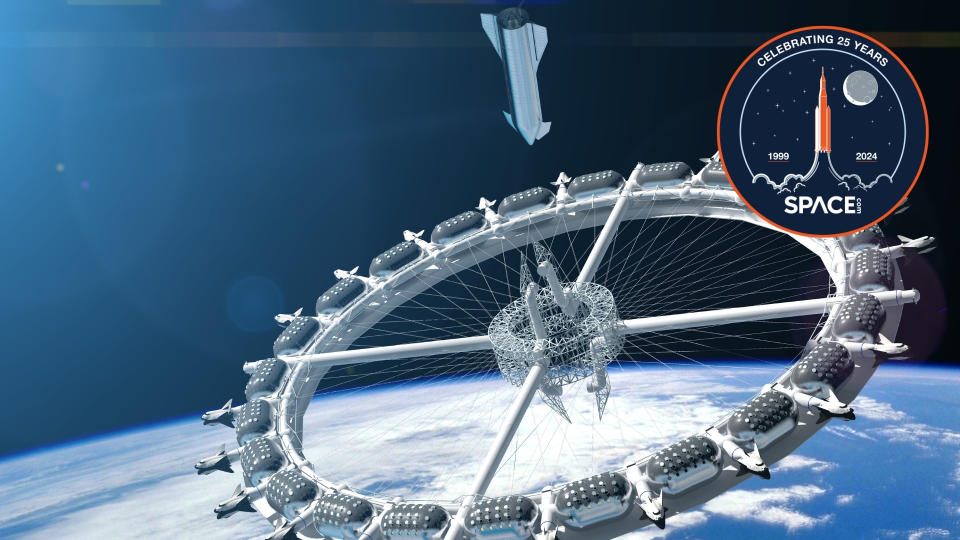     A wheel-shaped space station orbiting the Earth, with a sleek silver rocket bearing down on it. 