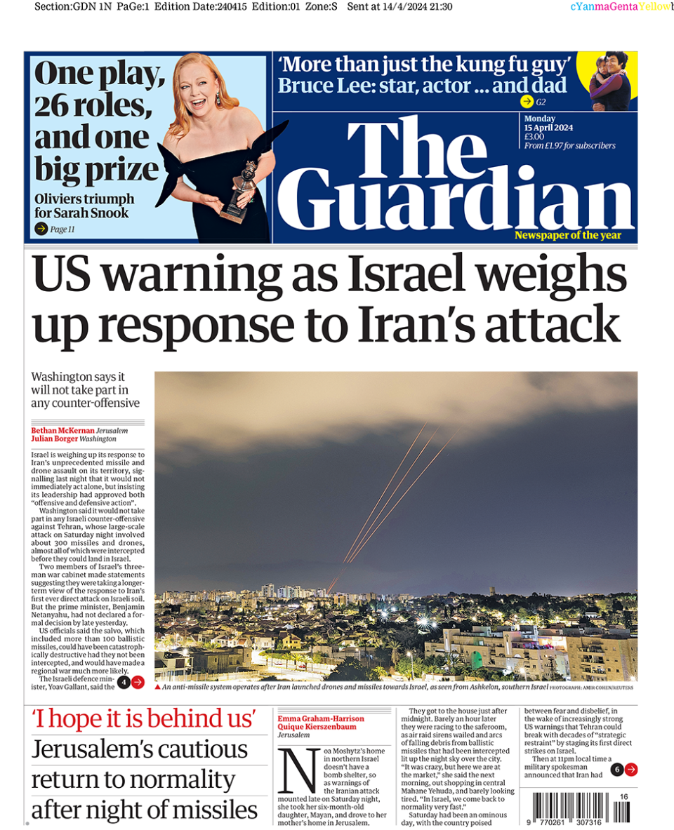 Guardian headline reads: "US warning as Israel weighs up response to Iran's attack"