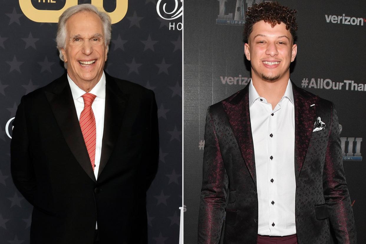 LOS ANGELES, CALIFORNIA - JANUARY 15: Henry Winkler attends the 28th Annual Critics Choice Awards at Fairmont Century Plaza on January 15, 2023 in Los Angeles, California. (Photo by Kevin Winter/Getty Images for Critics Choice Association); ATLANTA, GEORGIA - JANUARY 31: Patrick Mahomes II attends the world premiere event for "The Team That Wouldn't Be Here" documentary hosted by Verizon on January 31, 2019 in Atlanta, Georgia. (Photo by Paras Griffin/Getty Images for Verizon)