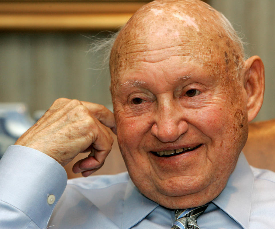 FILE - In this July 26, 2006 file photo, Chick-Fil-A founder Truett Cathy reacts during an interview at his corporate headquarters office in Hapeville, Ga. It is not entirely clear wether Chick-fil-a has definitely ended its financial support for groups that oppose same-sex unions. But a statement issued by the company Wednesday, Sept. 20, 2012, just months after its chief spoke against gay marriage, indicates it now plans to keep its distance from the more controversial views held by its Southern Baptist owners. (AP Photo/Ric Feld, File)