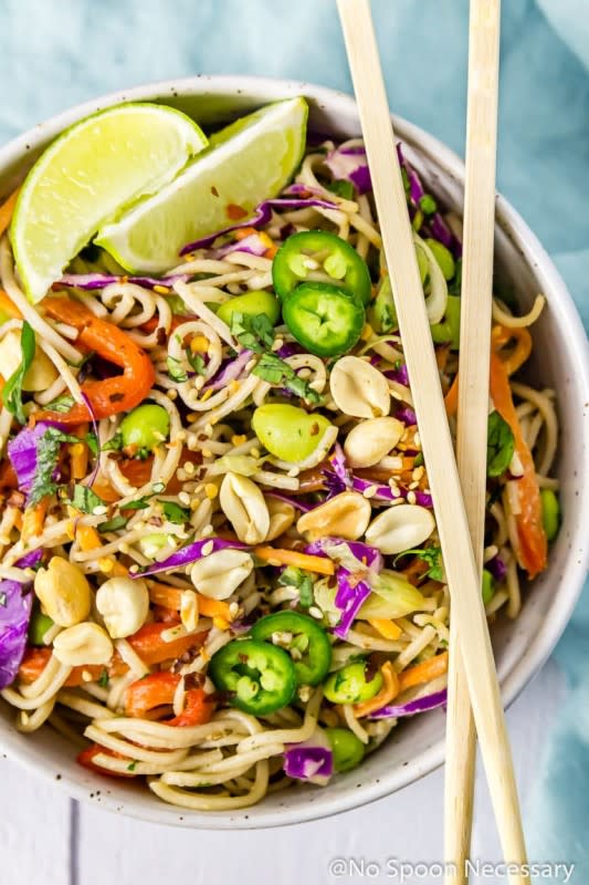 <p>Refreshing and light yet seriously satisfying, these Thai tahini veggie soba noodle bowls are slurp-tastically delicious. Ready in 30 minutes or less, these quick and easy bowls are perfect for lunch or dinner!</p><p><strong>Get the recipe: <a href="https://www.nospoonnecessary.com/thai-veggie-soba-noodle-bowls/" rel="nofollow noopener" target="_blank" data-ylk="slk:Thai Veggie Soba Noodle Bowls;elm:context_link;itc:0;sec:content-canvas" class="link "><em>Thai Veggie Soba Noodle Bowls</em></a></strong></p>