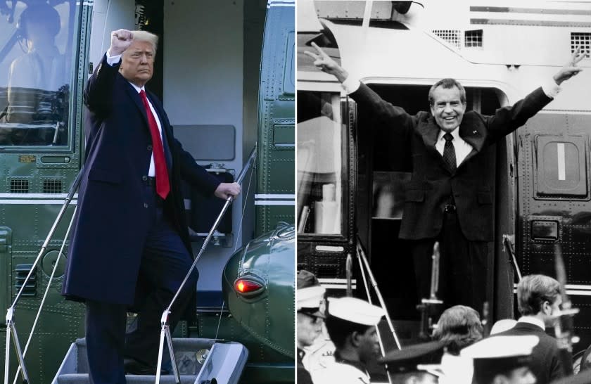 President Donald Trump gestures as he boards Marine One on the South Lawn of the White House, Wednesday, Jan. 20, 2021, in Washington. Trump is en route to his Mar-a-Lago Florida Resort. (AP Photo/Alex Brandon) (RIGHT) Richard Nixon says goodbye with a victorious salute to his staff members outside the White House as he boards a helicopter after resigning the presidency on Aug. 9, 1974. (AP Photo/Bob Daugherty)