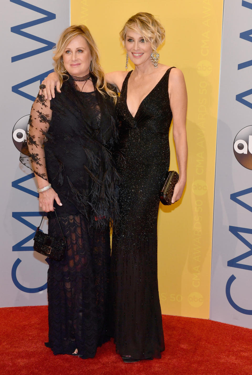 NASHVILLE, TN - NOVEMBER 02: Actress Sharon Stone and sister Kelly Stone attend the 50th annual CMA Awards at the Bridgestone Arena on November 2, 2016 in Nashville, Tennessee.  (Photo by Jason Davis/FilmMagic)