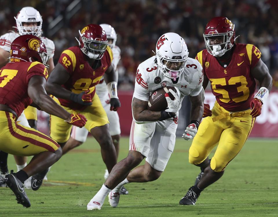 Utah Utes running back Ja’Quinden Jackson drives past the USC Trojans at the Los Angeles Memorial Coliseum on Saturday, Oct. 21, 2023. | Laura Seitz, Deseret News