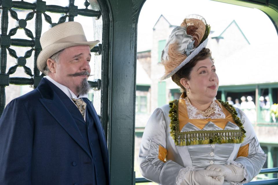 Nathan Lane as Ward McAllister and Ashlie Atkinson as Mamie Fish in “The Gilded Age.” | Alison Cohen Rosa, HBO