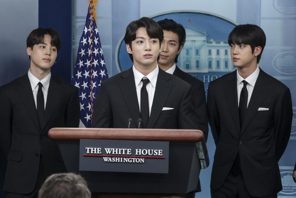 WASHINGTON, DC - MAY 31: (L-R) Jimin, Jungkook, RM and Jin of the South Korean pop group BTS speak at the daily press briefing at the White House on May 31, 2022 in Washington, DC. BTS met with U.S. President Joe Biden to discuss Asian inclusion and representation, and to discuss the recent rise in anti-Asian hate crimes. (Photo by Kevin Dietsch/Getty Images)