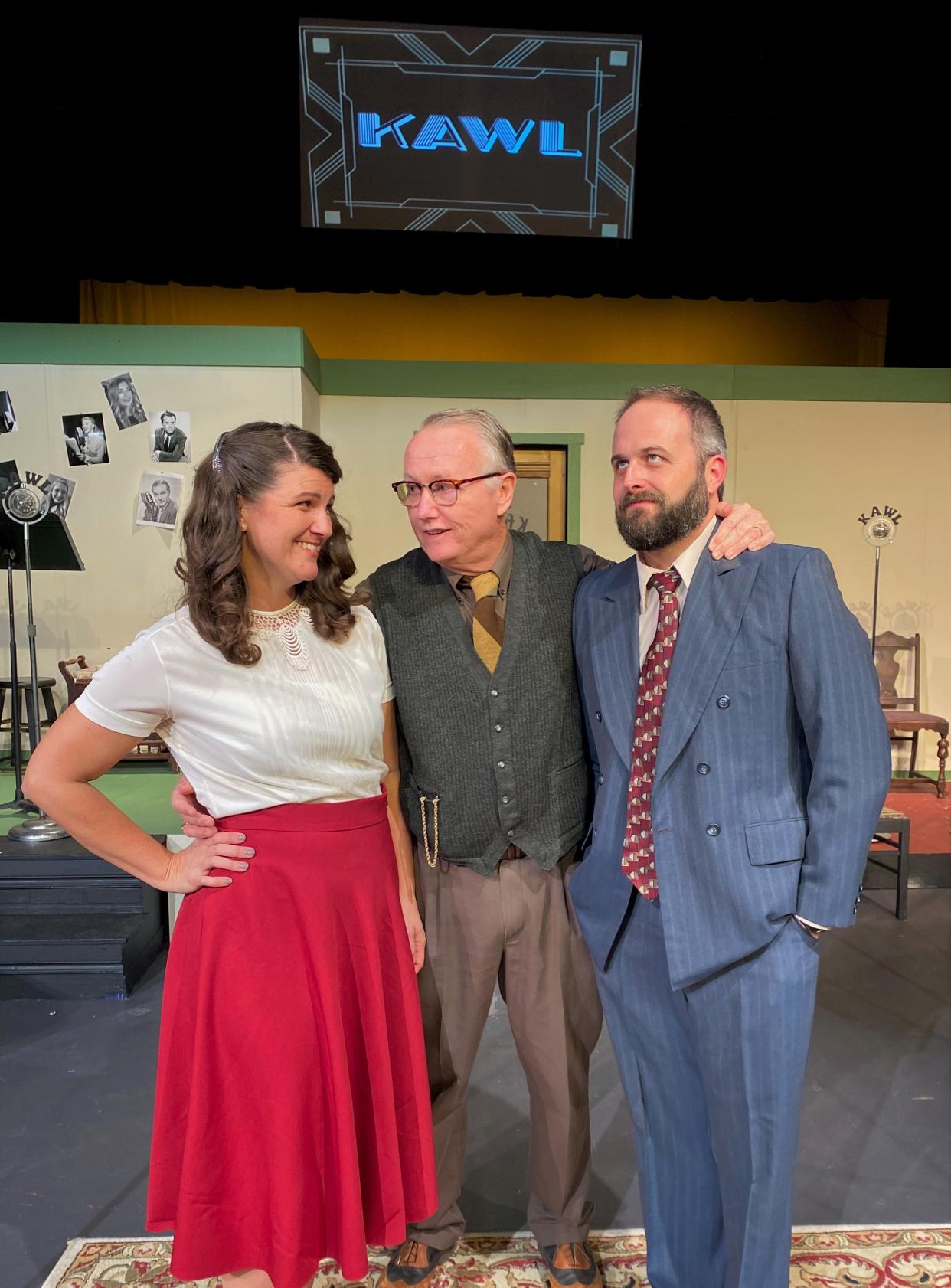 "It's good to be back," says radio actor Royce Thompson, center, as radio station operators Faith Buss and Jeff Foresee humor him in SLT's "It's A Wonderful Life: A KAWL Radio Play".