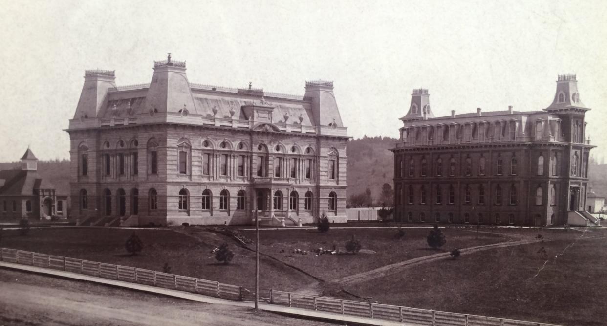 Villard Hall, left, and University Hall, then known as Deady Hall, looking southeast on the University of Oregon campus in Eugene in an undated photo taken after they were built in the late 1800s.