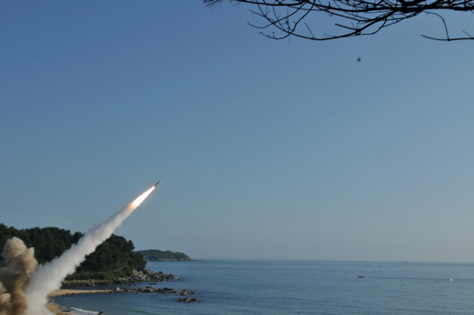 United States and South Korean troops utilizing the Army Tactical Missile System (ATACMS) and South Korea's Hyunmoo Missile II, fire missiles into the waters of the East Sea, off South Korea, July 5, 2017.   8th United States Army/Handout via REUTERS   ATTENTION EDITORS - THIS IMAGE WAS PROVIDED BY A THIRD PARTY     TPX IMAGES OF THE DAY
