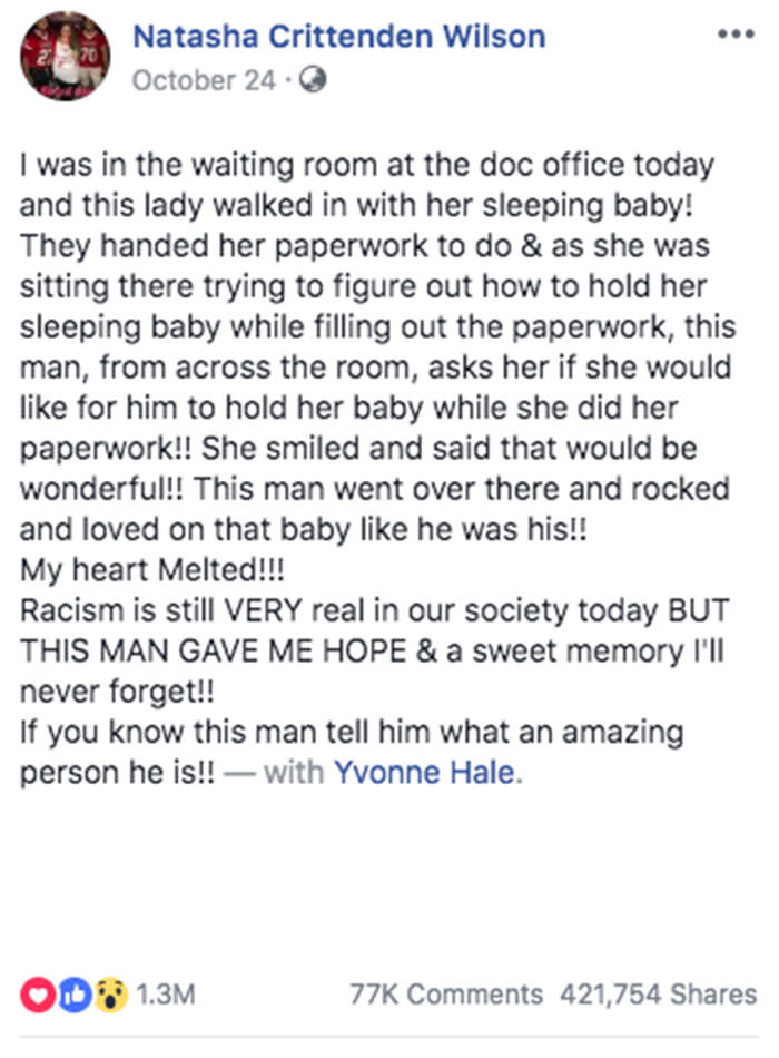 Ms Wilson said her “heart melted” when the man helped the woman who had been trying to fill out paperwork. Source: Natasha Crittenden Wilson/ Facebook
