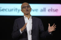 Microsoft CEO Satya Nadella speaks during an event titled "Microsoft Build: AI Day" in Jakarta, Indonesia, Tuesday, April 30, 2024. Microsoft will invest $1.7 billion over the next four years in new cloud and artificial intelligence infrastructure in Indonesia — the single largest investment in Microsoft’s 29-year history in the country, Nadella said Tuesday. (AP Photo/Dita Alangkara)