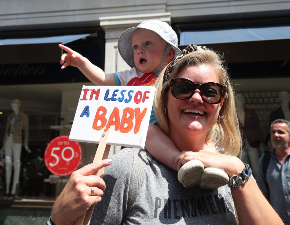 14-month-old Linus Hemphreys and his mother Alexandra Heminsley from Brighton protests the visit of President Donald Trump to the UK.&nbsp;