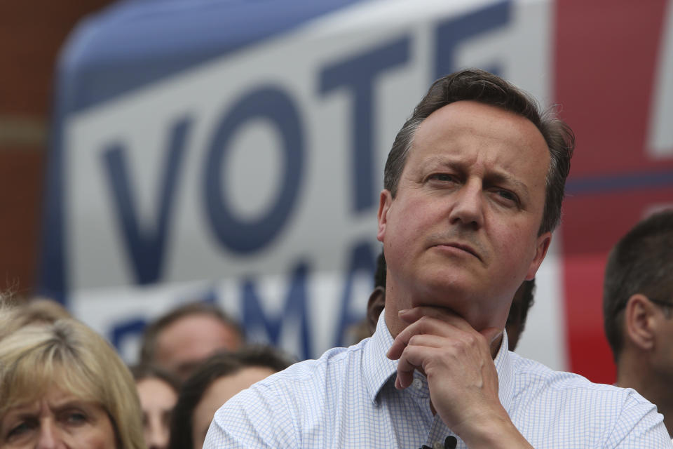 FILE - In this Wednesday, June 22, 2016 file photo, Britain's Prime Minister David Cameron attends a Britain Stronger In Europe event while campaigning for people to vote to remain inside the EU, in Birmingham, England. Five years ago, Britons voted in a referendum that was meant to bring certainty to the U.K.’s fraught relationship with its European neigbors. Voters’ decision on June 23, 2016 was narrow but clear: By 52 percent to 48 percent, they chose to leave the European Union. It took over four years to actually make the break. The former partners are still bickering, like many divorced couples, over money and trust. (Geoff Caddick/Pool via AP, File)