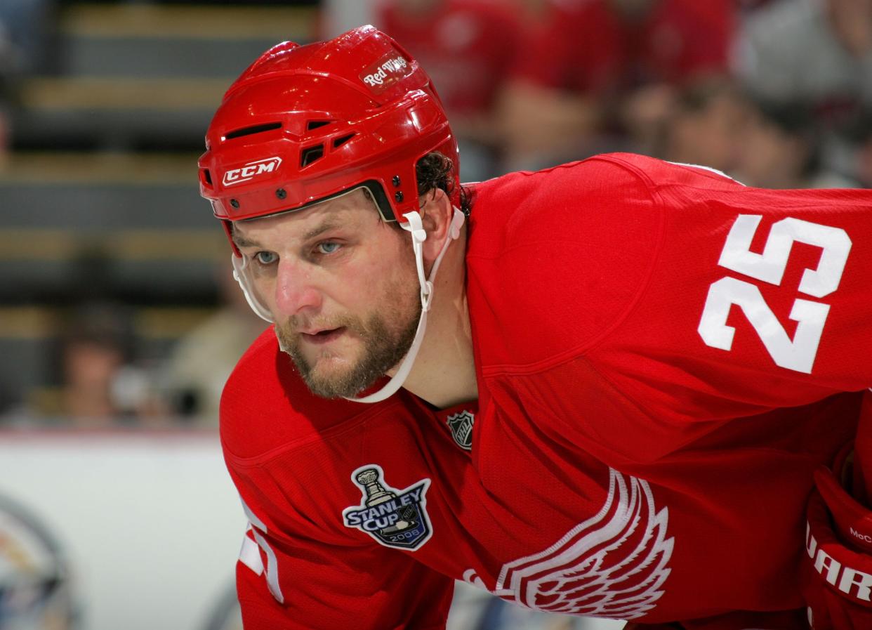 DETROIT - MAY 24:  Darren McCarty #25 of the Detroit Red Wings prepares for action against the Pittsburgh Penguins during game one of the 2008 NHL Stanley Cup Finals at Joe Louis Arena on May 24, 2008 in Detroit, Michigan.  (Photo by Bruce Bennett/Getty Images)