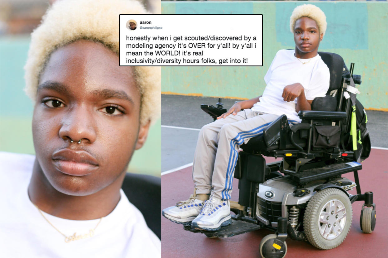 Aaron Phillip is a physically disabled, non binary femme, an underrepresented minority in the fashion world — which is exactly why she wants to get involved. (Photo: Twitter/Aaron/aaronphilipxo)