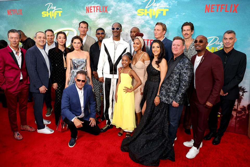 Massi Furlan, Jason Spitz, Netflix VP of Original Studio Film Ori Marmur, Natasha Liu Bordizzo, Karla Souza, J.J. Perry, Netflix Head of Global Film Scott Stuber, Jamie Foxx, Snoop Dogg, Zion Broadnax, Datari Turner, Meagan Good, Yvette Yates Redick, Oliver Masucci, Shaun Redick, Steve Howey, guest, and Chad Stahelski attend the World Premiere of Netflix's "Day Shift" on August 10, 2022 in Los Angeles, California.