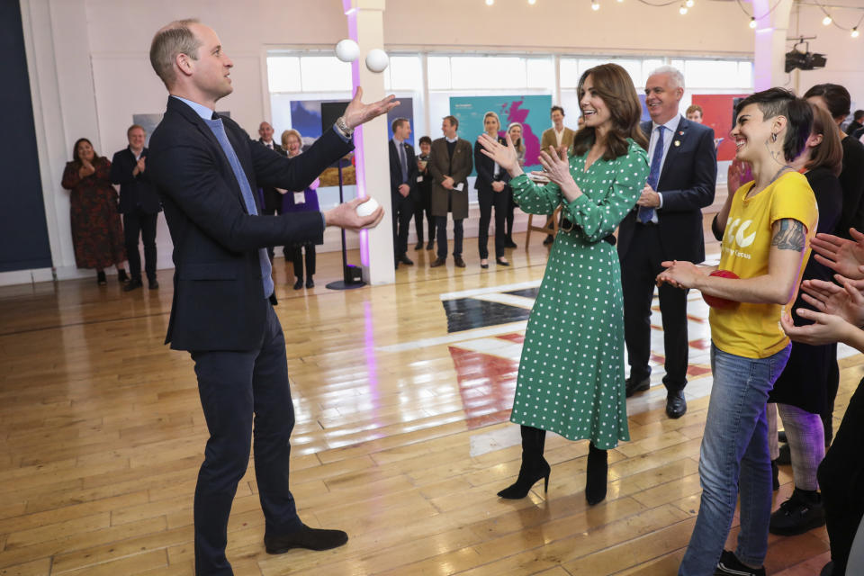 The Duke and Duchess of Cambridge juggling during a special event at the Tribeton restaurant in Galway to look ahead to the city hosting the European Capital of Culture in 2020.