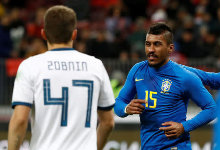 Soccer Football - International Friendly - Russia vs Brazil - Luzhniki Stadium, Moscow, Russia - March 23, 2018 Brazil’s Paulinho celebrates scoring their third goal REUTERS/Sergei Karpukhin