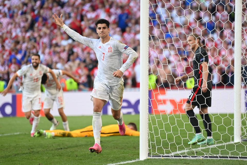 Spain's forward Alvaro Morata (pictured) celebrates after scoring his team's fourth goal during the UEFA EURO 2020 Round of 16 football match between Croatia and Spain at the Parken Stadium in Copenhagen on June 28, 2021.