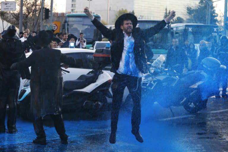 This file picture from March 20, 2017 shows Israeli police spraying water at ultra-Orthodox Jews during a protest against army conscription