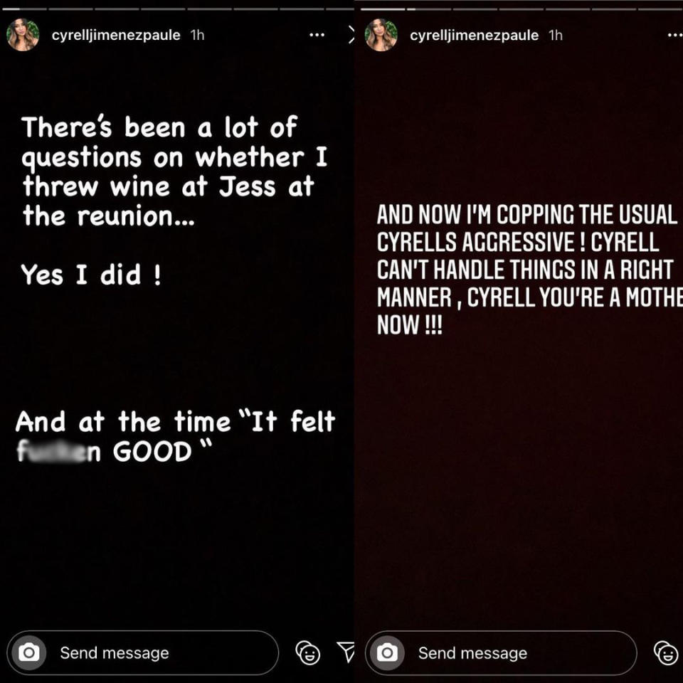 Cyrelle said it felt "f****n" good to throw her wine at Jessika Power during the MAFS reunion special filmed in December 2020. Photo: Instagram/cyrelljimenezpaule.