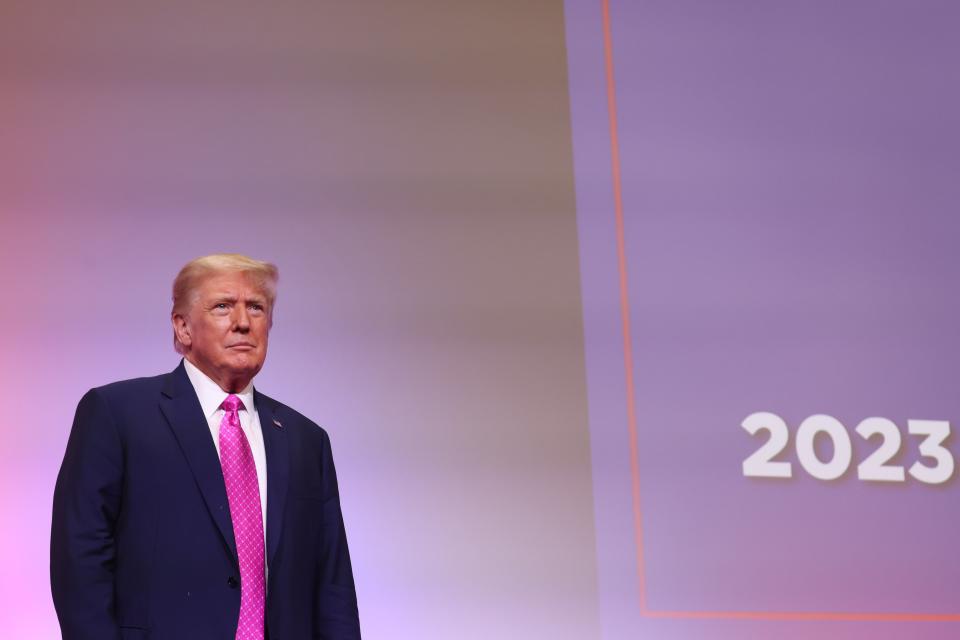 Former U.S. President Donald Trump is introduced at the Oakland County Republican Party's Lincoln Day dinner at Suburban Collection Showplace on June 25, 2023 in Novi, Michigan (Getty Images)