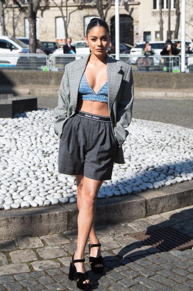 Vanessa Hudgens Mixes a Denim Bralette & Platform Heels With Men's-Inspired  Boxer Shorts at Miu Miu Paris Fashion Week Show