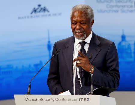 Former United Nations Secretary General Kofi Annan speaks at the Munich Security Conference in Munich, Germany, February 14, 2016. REUTERS/Michael Dalder