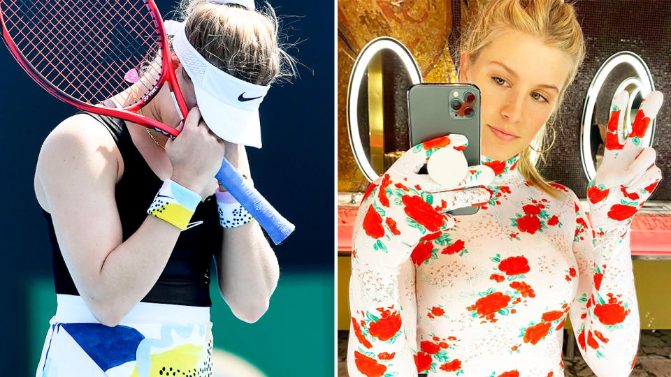 Eugenie Bouchard, pictured here on the tennis court and on Instagram.