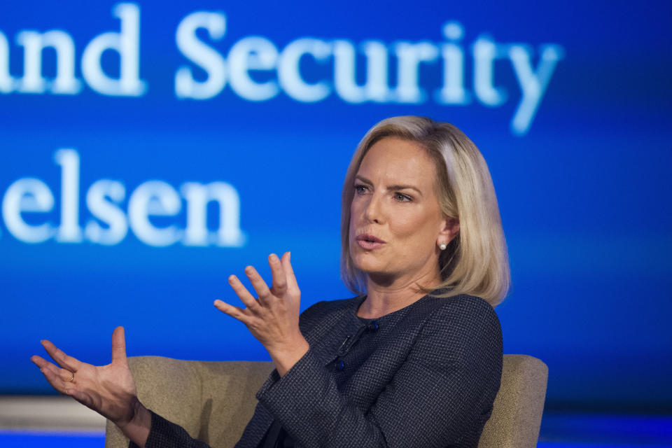 In this Sept. 5, 2018 file photo, Secretary of Homeland Security Kirstjen Nielsen speaks to George Washington University's Center for Cyber and Homeland Security, in Washington. President Donald Trump has soured on Homeland Security Secretary Kirstjen Nielsen and she is expected to leave her job as soon as this week. That’s according to two people who spoke to the Associated Press on condition of anonymity. (AP Photo/Cliff Owen)